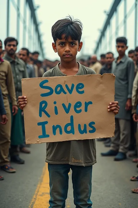 "A boy is standing on the Jamshoro bridge, holding a sign that says Save River Indus. Around him, people look distressed due to the water scarcity affecting their lives. The protest scene should be intense and impactful.