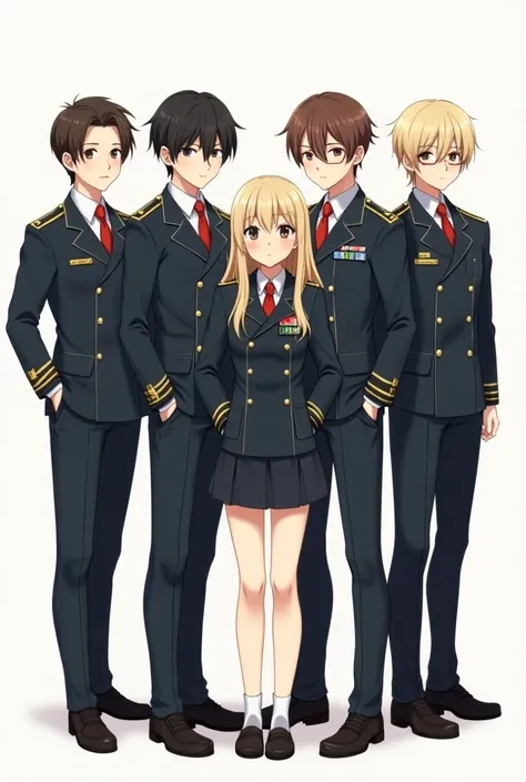 4 boys and 1 girl adults anime fully body photo in same body height , milliatree uniforms brown color , normal hair style 