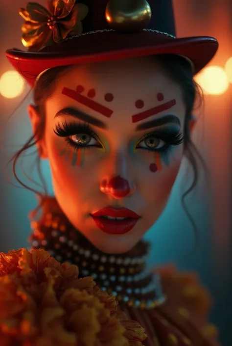 sandy cheeks, cute girl, 1girl, beautiful detailed eyes, beautiful detailed lips, extremely detailed face, longeyelashes, clown costume, circus performer, colorful makeup, vibrant colors, cinematic lighting, dramatic pose, hyperrealistic, 8k, masterpiece, ...