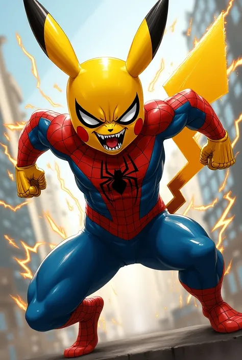 Spider man suit in pikachu in anime style and  in angry mode