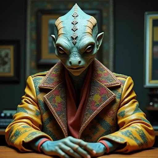 Hybrid handsome male human-alien sitting at a desk, Looks 70% human, 30% alien, male 40 years of age, human facial structure, normal human mouth, iridescent blue and yellow skin, lizard-like skin, intricate patterns on forehead, large ridges on forehead an...