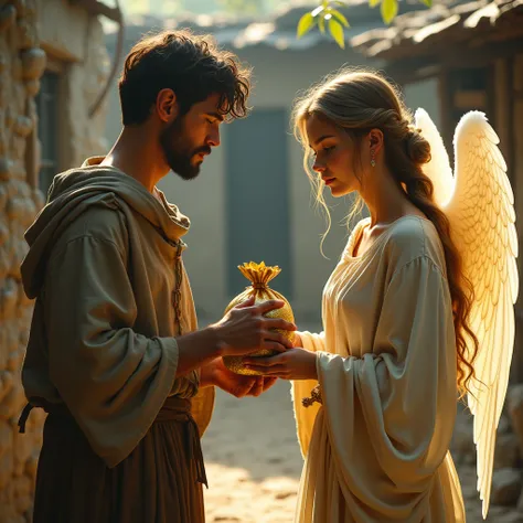 young angel woman give gold money bag by poor man