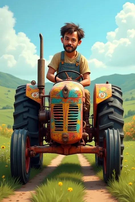  picture of a self-painted tractor with a , That drives him  
