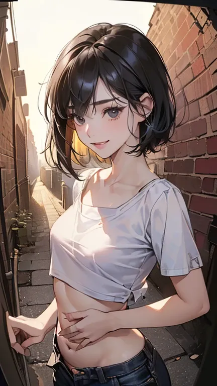 ((( Highly Detailed CG Unit 8k Wallpaper :1.2, masterpiece,  High Resolution :1.2, Best Quality:1.2, Tabletop))), (( Very beautiful woman , Belly Button Visible Short Tee :1.5)), (( very detailed faces , Highly detailed black eyes,  very detailed body, Bes...