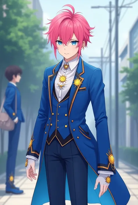 A quiet anime young man in high school with sharp blue eyes represents pink hair, Fair skin and wearing all the fantasy blue, yellow and white clothes are the luxury of Idol, which consists of a long waist tuxedo jacket with short sleeves in the color of s...