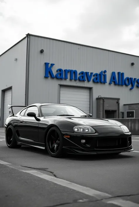 a old model supra car in black colour in a highway and background a infront of thewarehouse and the warehouse name is karnavati alloys and the colour of karnavati is blue and the colour oof alloys grey . in black and white