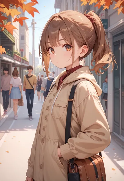 (Best Quality),  Female Adult, Brown Hair,  ponytail, Kind Face, If you look at this,  High Resolution ,  walking around the city, autumn, Day off ,  casual attire, Wearing knitwear, Long sleeve clothes,  upper body, Brown eyes