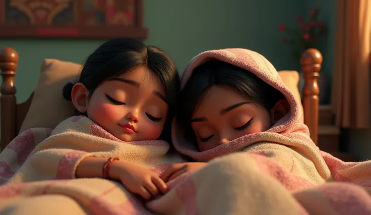 Generate 3d animated image Indian folk girls looks white and black colour skin and slept on bed while sick covering blanket on body