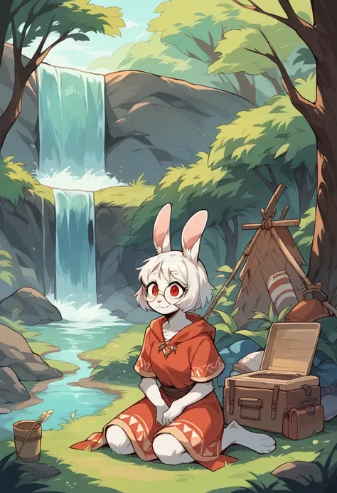 Anime, 1girl, smile, furry, anthropomorphic, rabbit girl, old woman, grandparent, tribal dress, long robes, hooded, Druid, white fur, white hair, short hair, bob hair, red eyes, round glasses, campsite, forest, waterfall