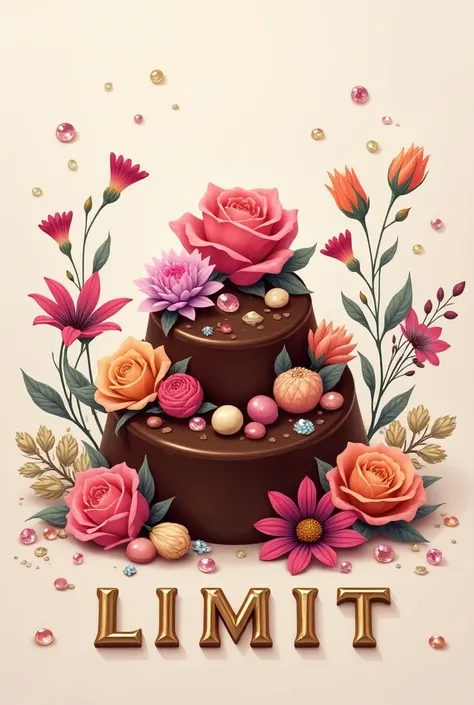 Nice sticker, in illustration style,  beautifully arranged chocolate ,  decorated with flowers and glittering stones . at the bottom, in capital letters, the word "Limit " metal letters