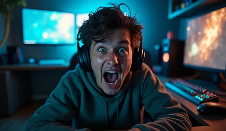 One gaming room gamer face in center in shocking reaction 