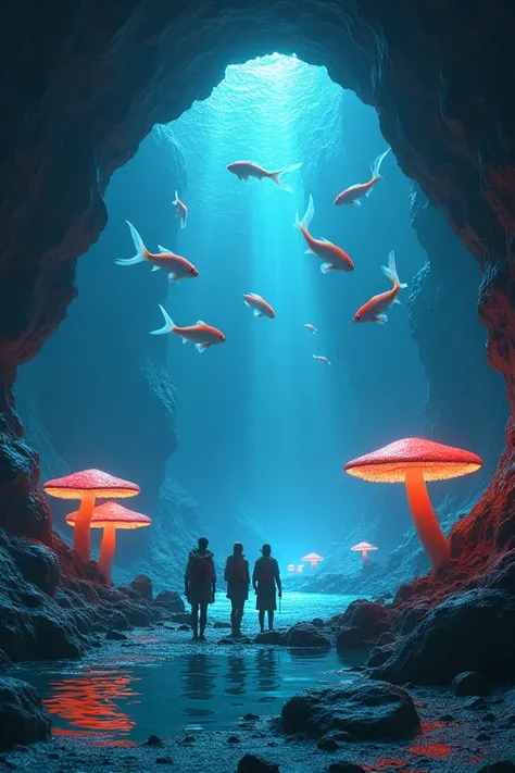 Underground Lake、 Beautiful Fish That Glows Red、Published by Mushrooms 、Beautiful crystal、 Three Explorers 