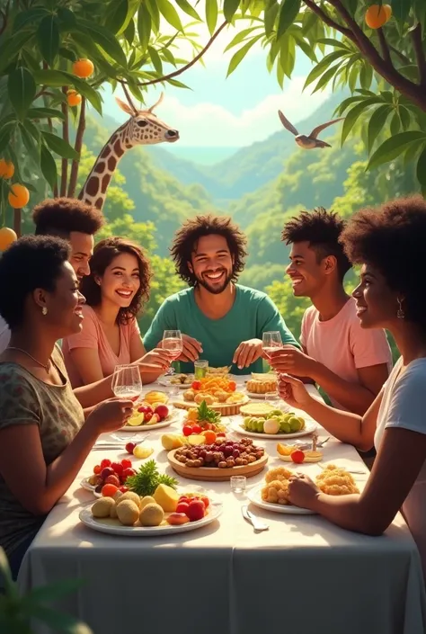 Plusieurs personnes dans la trentaine de différentes nationalités, tous sont heureux et sourient. Ils sont attablés dans un jardin paradisiaque et la table est en bois recouverte dune nappe blanche. Il y a des fruits de toutes sortes, du fromage et au loin...