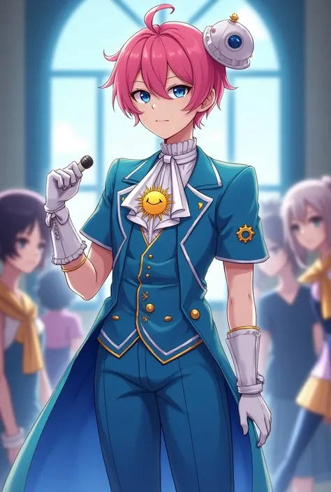 A funny anime guy in a funny high school with sharp blue eyes represents pink hair, Fair skin and wearing all the fantasy blue, yellow and white clothes are the luxury of Idol, which consists of a long waist tuxedo jacket with short sleeves in the color of...