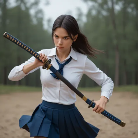 1 girl, medium breasts,School uniform,
,weapon, Katana, Holding a sword, Ready to draw, sheath, Removing the sheath, sheathดาบ, Fighting stance, BATTOJUTSU BATTLE POSTURES,
From the top, Cowboy Shoot, Look up, mistake, , Closed mouth,
 Masterpiece ,  best ...