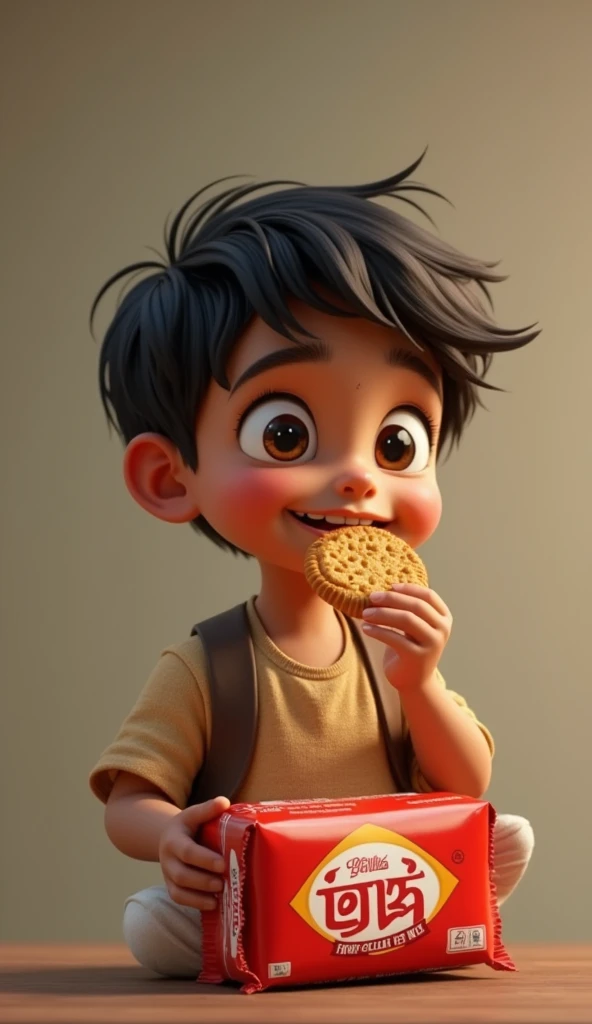 A Indian boys eating a Parel G biscuit and his hand parle g biscuit packet 