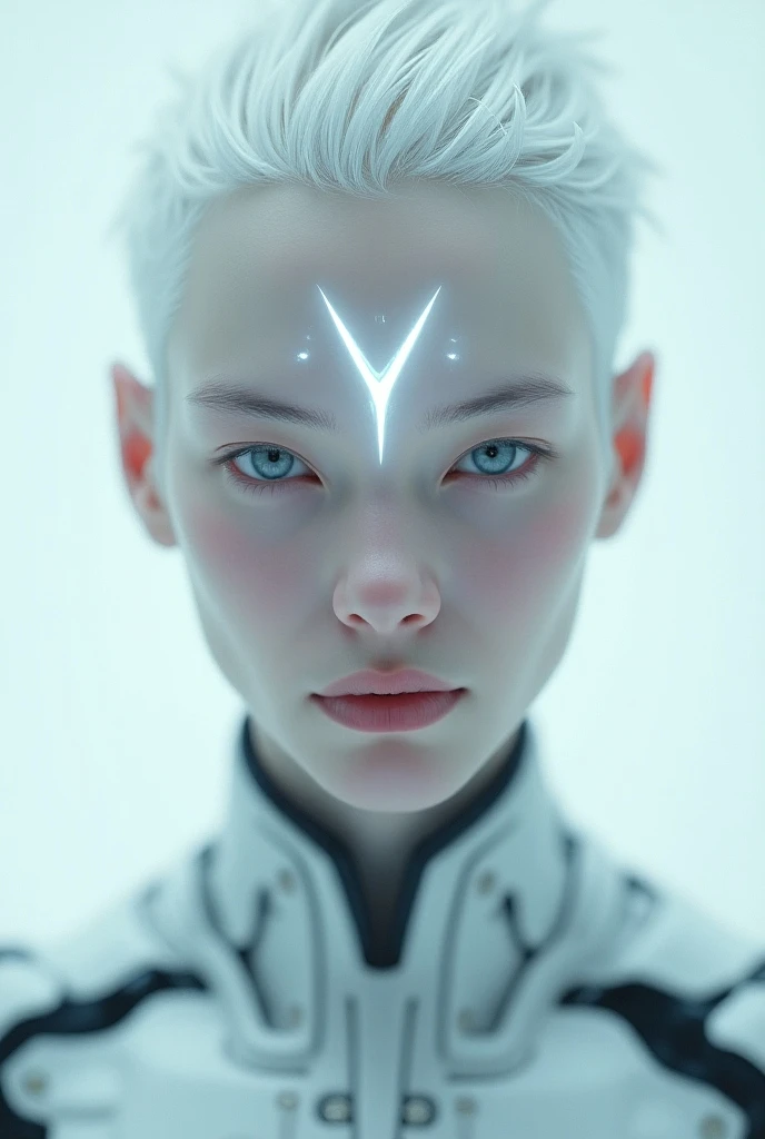 Solo, close up photography of alien race, pure beauty male, white ice skin, white hair, pale skin, pointy air,glowing v-shaped line in forehead, white eyes, wear mechanical armor