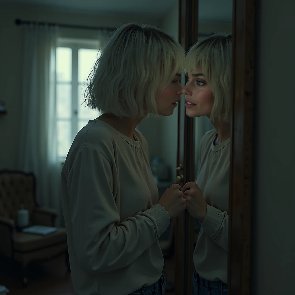  “Pilatin-blond blunt-haired woman ,  stands in front of the mirror in a small and dimly lit room.  Tears are streaming from his eyes ,  drops down her cheeks ,  There is a deep sadness on the face .  Light color on it ,  a long-sleeved shirt made of thin ...