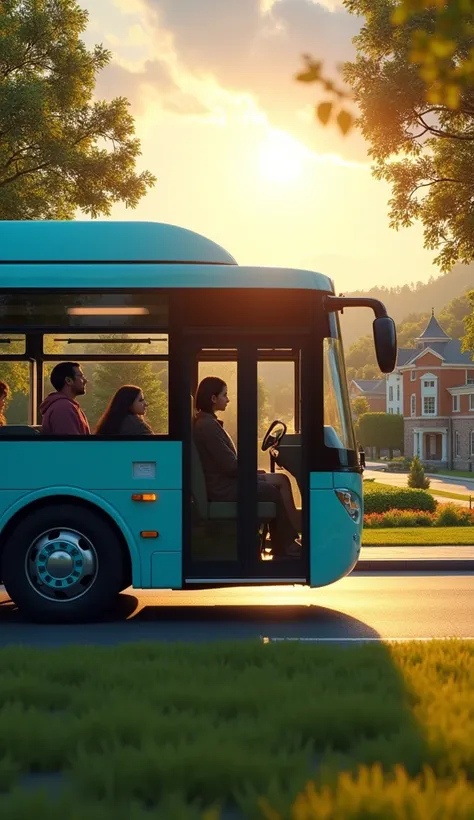 a college campus bus travelling to a beautiful village, all set against a sunny background, highly detailed, cinematic lighting, vibrant with and light blue colors bus, photorealistic, 8k, masterpiece