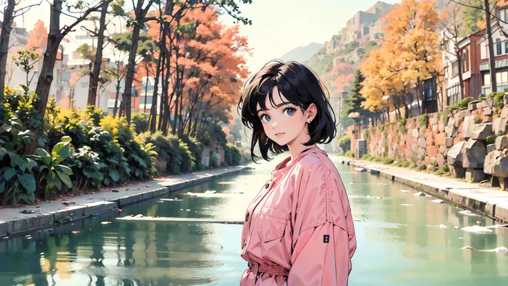 masterpiece, top quality, very detailed, absolute resolution, high resolution, Best quality, 8K, 1990s style, She is standing in the woods or River or sea in the fall season. She is looking straight at the camera with a big smile. The girl has a bright ima...