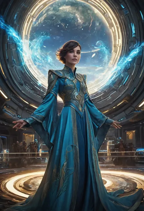 a young female wizard named Yuntelli (short haircut, glowing blue eyes) in a luminescent mage robe made of flowing energy that can take any form depending on her temperament, representing the interests of the galaxys mage order on a landing platform of a s...