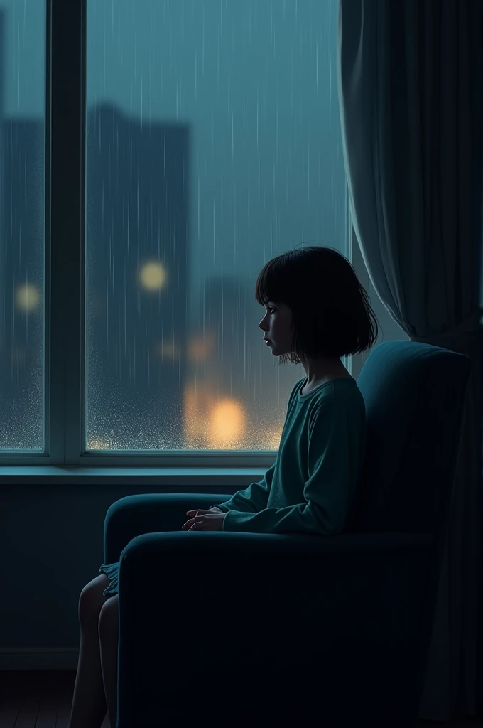 Girl sitting on chair watching through window outside and its night raining 