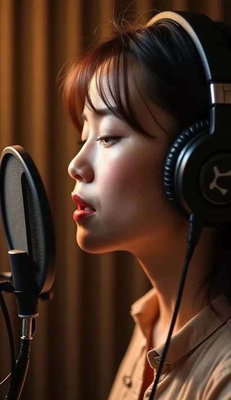 16:9 photography of A beautiful Yangon city girl recording song in studio room,Her face is shot from a 45° angle from the camera,The headset used for recording is installed and is recording with a microphone 