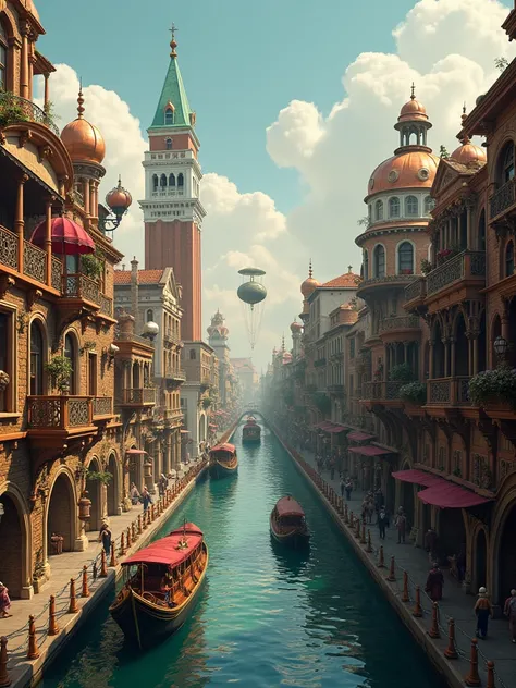 create a steampunk inspired city with Venice-looking aesthetics