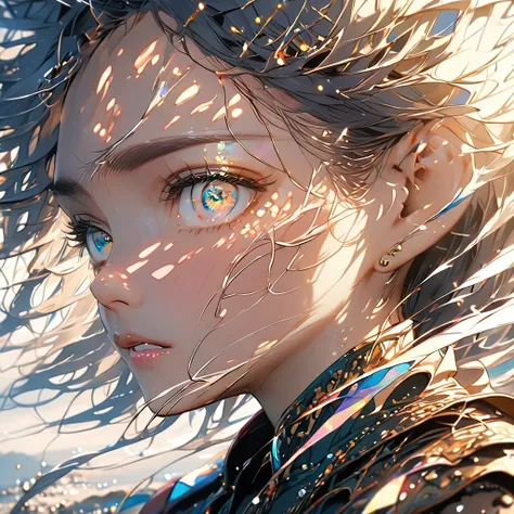 
"(((Masterpiece, ultra quality, hyper-detailed, realistic anime style, SDXL, 8K resolution, cinematic lighting, dynamic shadows, perfect pixel, highly detailed textures))), 1 woman standing on a rocky cliff at dusk. ((Short, messy silver hair)), blowing i...