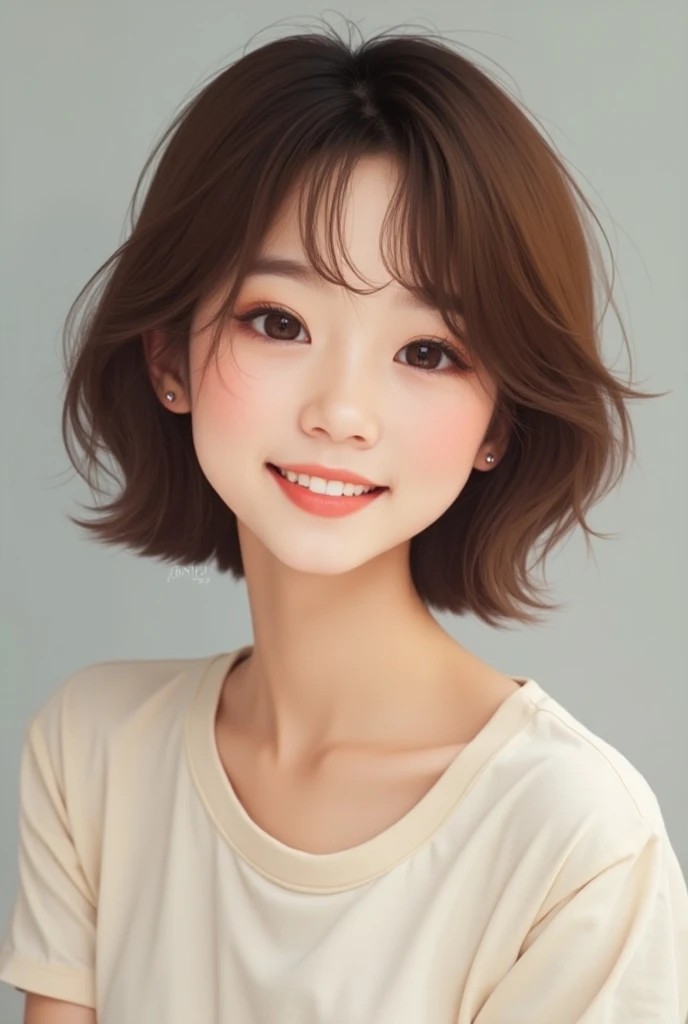 Female, Korean, Idol, Short sleeves, T-shirt, Smiling, Brown hair, Small face, Real life, Danbooru tags