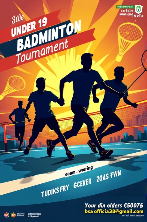 Create a badminton tournament poster for under 19 with giving gmail info of bsaofficial368@gmail.com