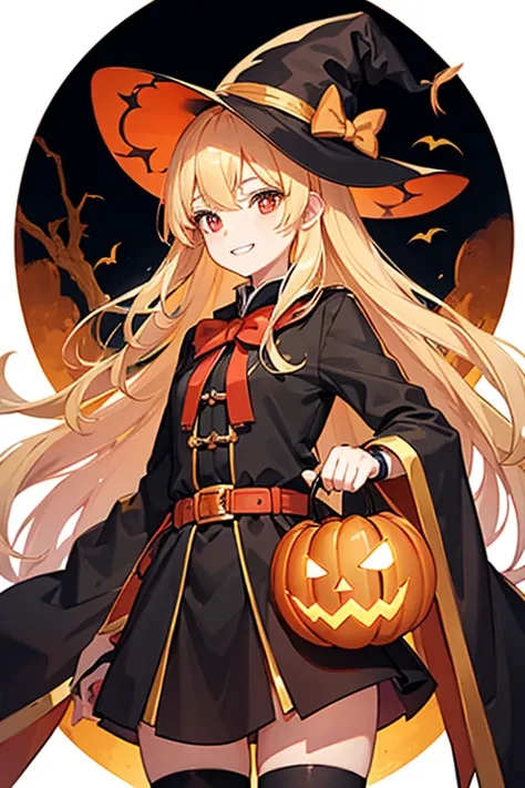 One beautiful girl　 short stature 　Baby Face　Golden Hair　Blonde　 long hair 　Hime cut　Red eyes　Double teeth　smile　witch　黄色と黒のwitchの帽子　黄色と黒のwitchの服　 Orange Jack O Lantern floats