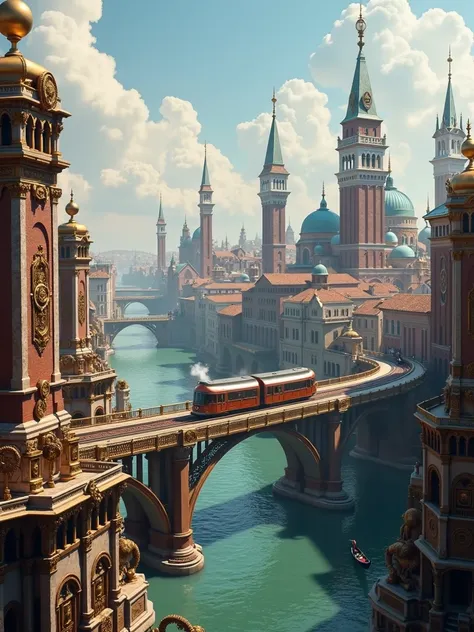 create a steampunk inspired city with Venice-looking aesthetic. A monorail road with a few tram cars should pass in the background, with tall towers forming the skyline