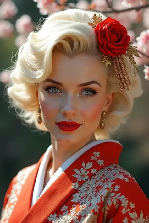 (8k, Top Quality, Masterpiece), (Real, Photorealistic), (Super Detail, Perfect Eyes), (High Detailed Face), (1 person photo),A close-up portrait of Marilyn Monroe wearing an elaborate Edo-period kimono, her platinum blonde hair styled in a traditional Japa...