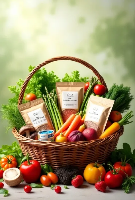  5 packages of the product are located in the middle of the fruit basket including carrots,  burdock ,  asparagus ,  shiitake , tuna 