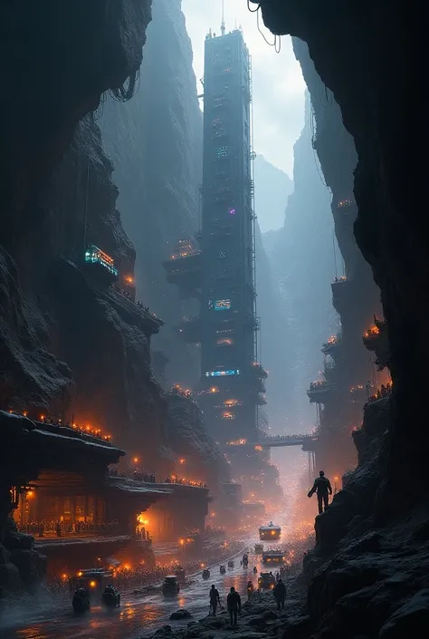 a futuristic underground city in huge cave, no sunlight inside, skyscrapers mounted in rocky walls, digital painting, by hajime sorayama, sci-fi, underground world, streets, crowded city, futuristic cars, burned earth surface, people living underground, 8k...