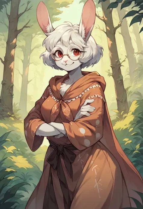 1girl, smile, furry, anthropomorphic, rabbit girl, old woman, grandma, tribal dress, long robes, hooded, Druid, white fur, white hair, short hair, bob hair, red eyes, round glasses, forest