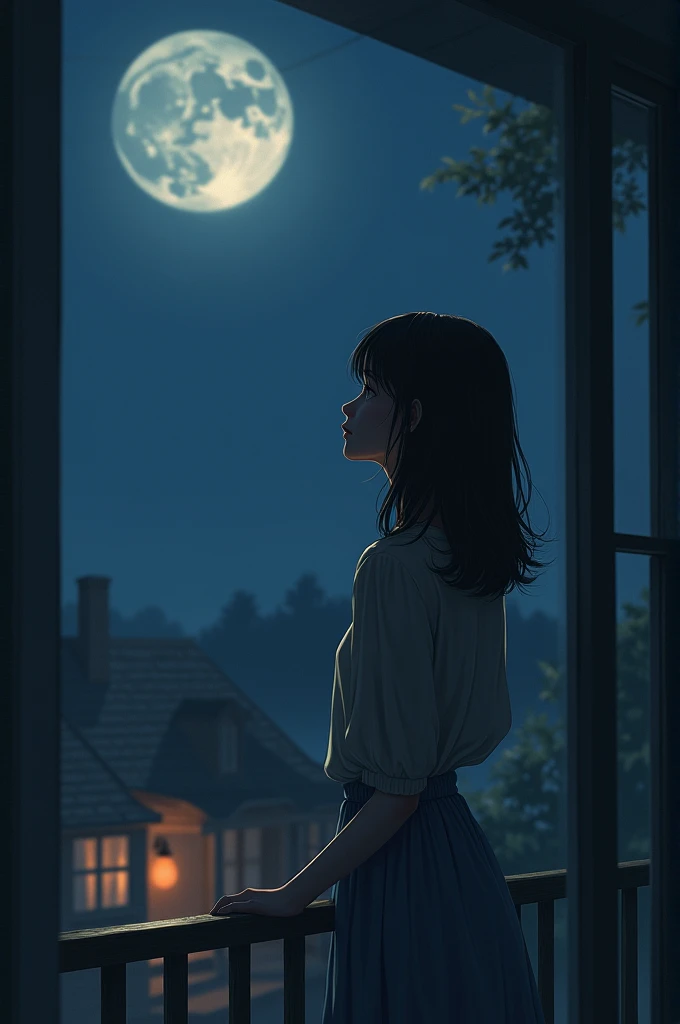 There is a girl who is alone in the balcony of her house and is missing her boyfriend and at night she is looking at the moon.