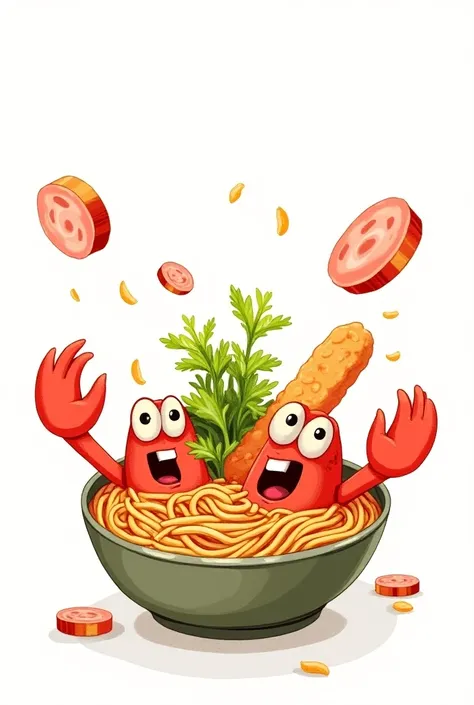 The instant noodles have crab sticks and sliced sausage, and coriander garnished in comic style on a white background