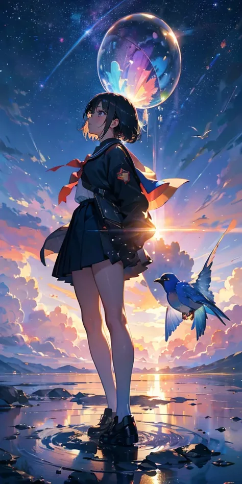 (woman(student, Age 15, ＪＫ, Short silver hair floating, Space-colored eyes, Black school uniform, Pale skin, Tired face、No sparkle in the eyes) Looking up at the sky), (Lots of blue birds are flying through the air ), Beautiful sky, Beautiful Clouds,  colo...