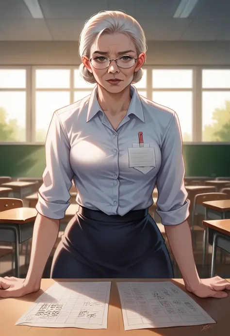 25-year-old woman, Mature Woman, (( In the classroom)), ((Student Uniform)), RAW Photos, (photoRealistic: 1.37, Realistic), Highly detailed synthetic CG 8K wallpapers,  1 girl, ((( perfect bodies : 1.1)), (medium breasts: 1.2),  staring at the viewer , ((( straight from the front )))), (High Quality Skins:1.2,  Glossy Skin), 8K Ultra HD,  digital SLR , Soft lighting, High image quality,  film grain , Fujifilm XT3, ((Full Body:  0.8)), ( Professional Writing:1.4) ,