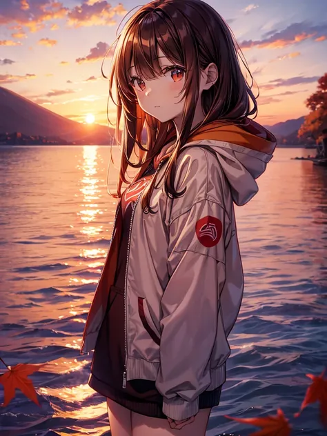 Best Quality、Autumn evening、 Watch the sunset on a quiet lakeside。The red and orange of the sunset reflected on the surface of the lake 、 mix with the autumn leaves swaying on the surface of the water 、 1 girl,  hoodie