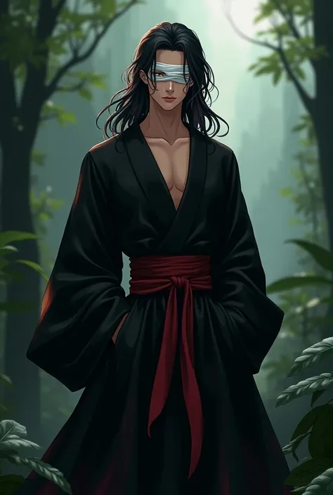  A 19-year-old man wearing an antique black robe with dark red tones.  Long hair colored marble , dominant expression, flirtatious smile,  with a white bandage covering his eyes ,  the background is a panoramic jungle screen ,  2D full body perspective ,  ...