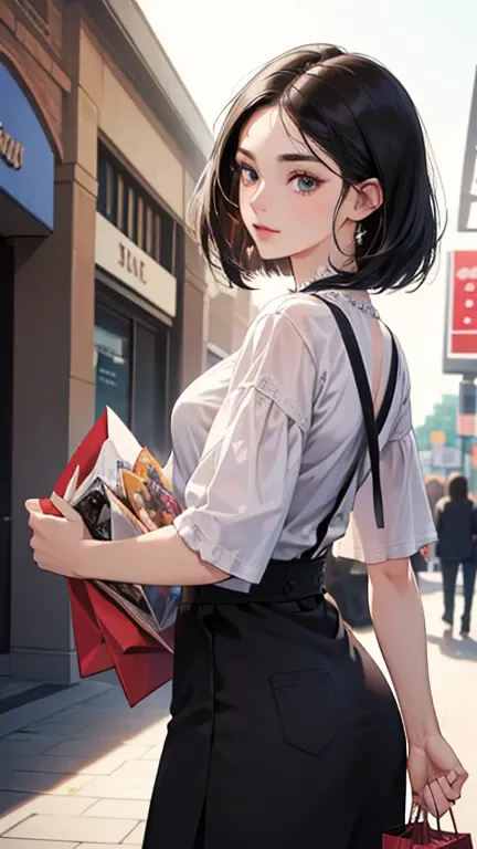 masterpiece,Best Quality,Ultra-detailed,Complex,Detailed face,Detailed eyes, beautiful eyes, 1 girl, cowboy shot,beautiful woman of 20 years old、Black Hair, medium bob hair,standing,front,(bloom,  depth of field:1.2), Shopping Center