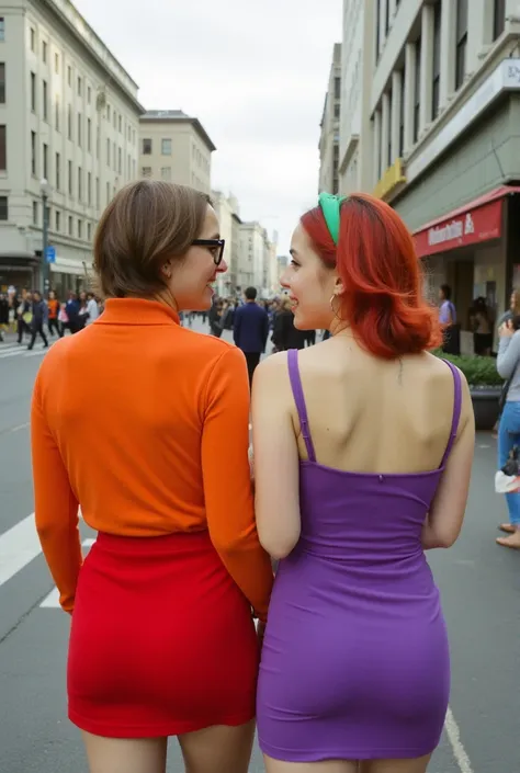 Hyperrealistic vertical smartphone photo (9:16 ratio) of Velma and Daphne from Scooby-Doo as real-life women. Full-body shot on a busy city street in daylight.
Velma: Short brown hair, large square glasses, form-fitting orange turtleneck sweater accentuati...