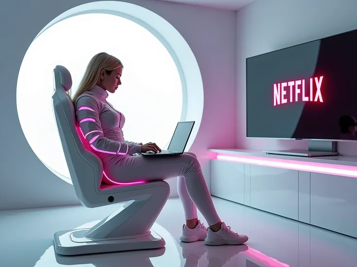 

blonde woman in futuristic suit sitting on hi-tec gamer chair with a futuristic device like 
a laptop mounted in the chair with vitual screen like a monitor projected in the air 
like a hologram, like in "Matrix Reloaded"
futuristic room white color wall...