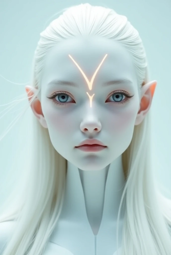 Solo, close up photography of alien race, pure beauty male, white ice skin, white hair, pale skin, pointy air,glowing v-shaped line in forehead, grey large glowing eyes, wear mechanical armor