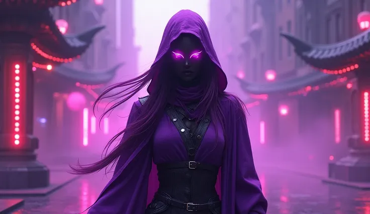 Woman RPG neon purple color and mask
