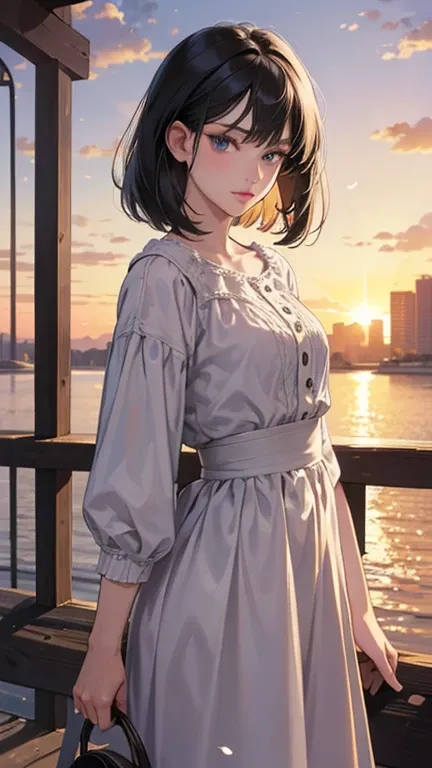 masterpiece,Best Quality,Ultra-detailed,Complex,Detailed face,Detailed eyes, beautiful eyes, 1 girl, cowboy shot,beautiful woman of 20 years old、Black Hair, medium bob hair,standing,front,(bloom,  depth of field:1.2), On the bridge where the sunset is refl...