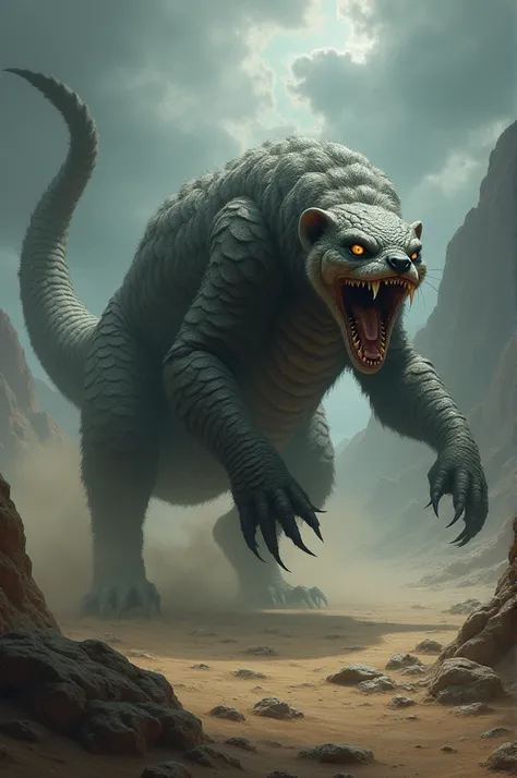 Create a hybrid creature that merges the features of both a rattlesnake and a ferret, giving it a monstrous, dangerous appearance. The creature should have the elongated, sinuous body of a snake, covered in scales, but with the sharp claws, fur, and pierci...